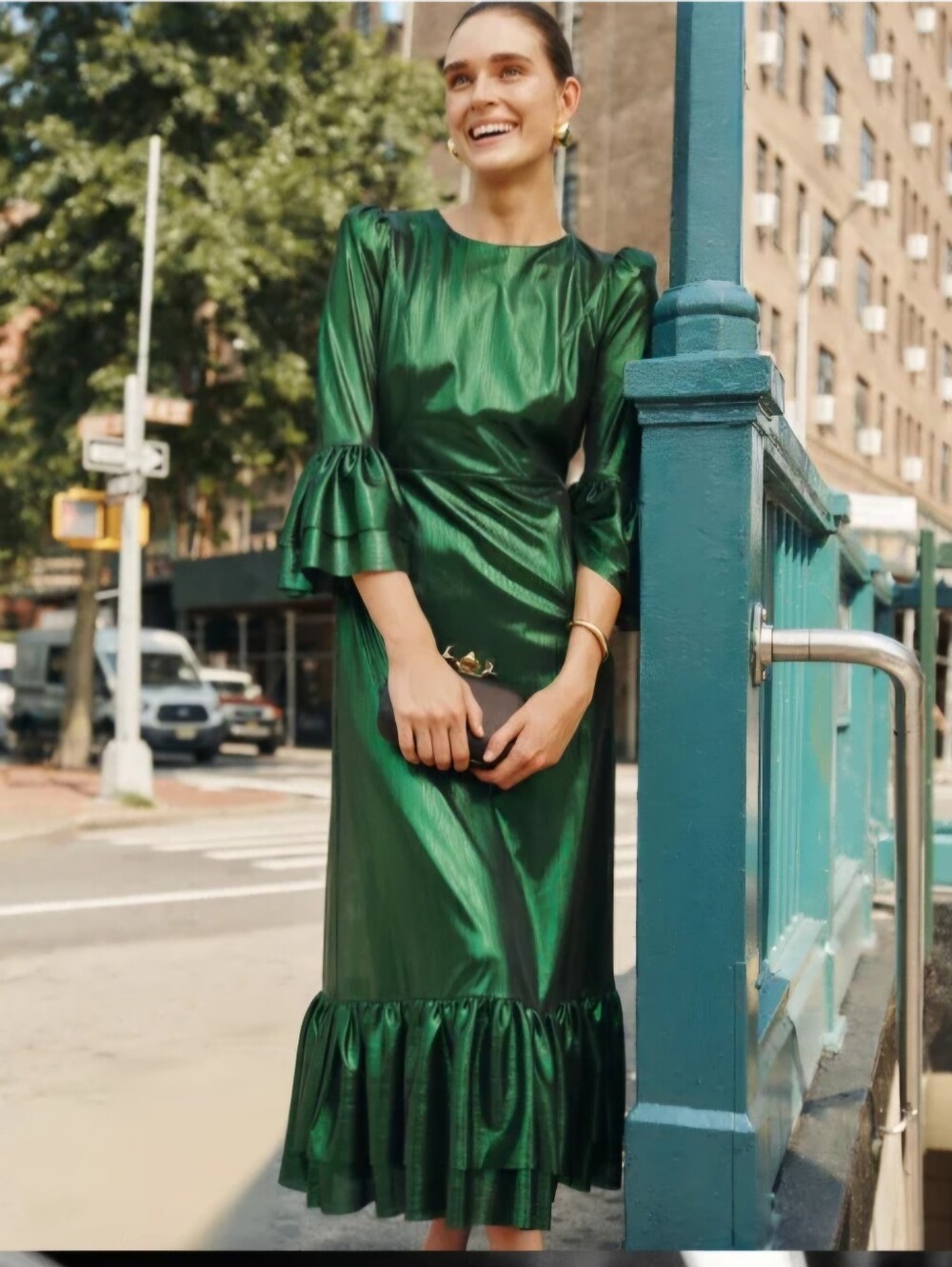 Tuckernuck Pomander Place Lilith Mettalic Emerald Green Ruffle-Sleeve Dress